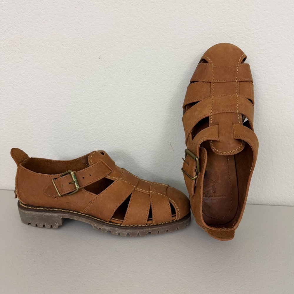 Polo Ralph Lauren Fisherman Sandals Mens 8 D Tan Lug Sole Leather Buckle